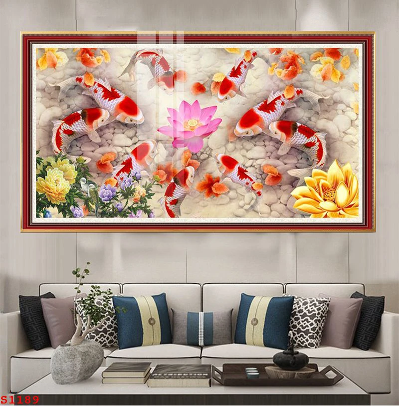 TRANH TRÁNG GƯƠNG CÁ CHÉP CAO BẰNG 7 Tranh Cửu Ngư quần hội bên sen hồng