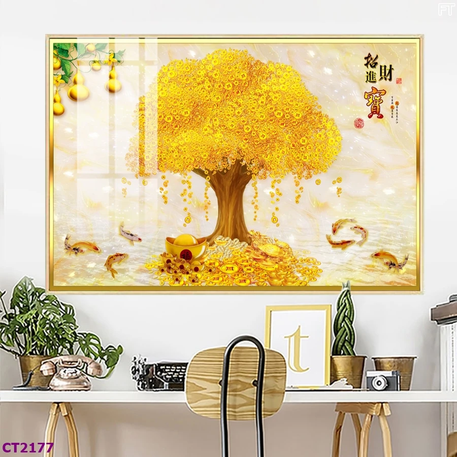 Tranh Hà Nội Tết cây kim tiền kích thước lớn