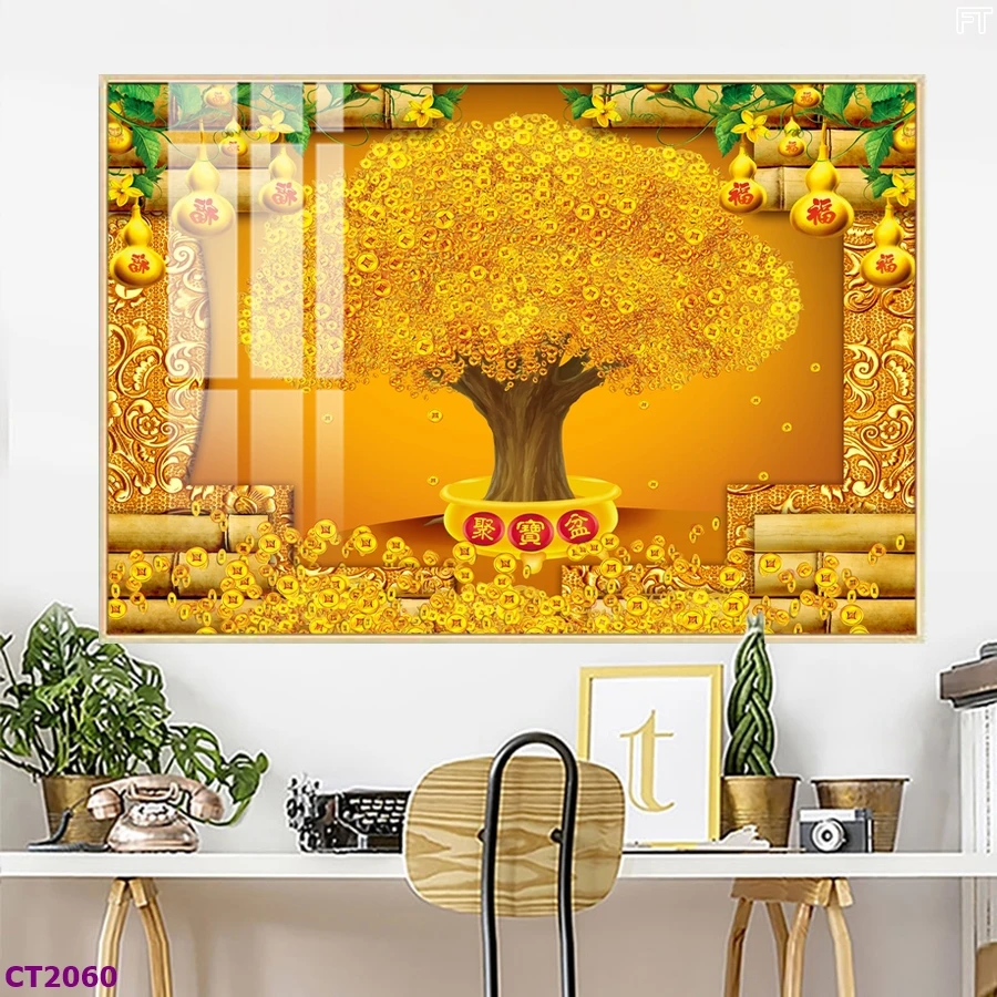 Tranh Hà Nội Tết cây kim tiền kích thước lớn