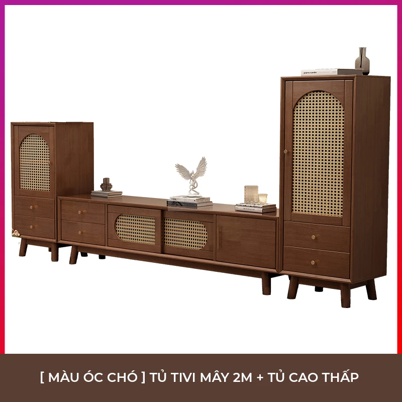 Kệ Tivi Gỗ Kết Hợp Cánh Mây Cao Cấp 3 ke tivi go ket hop canh may cao cap 3