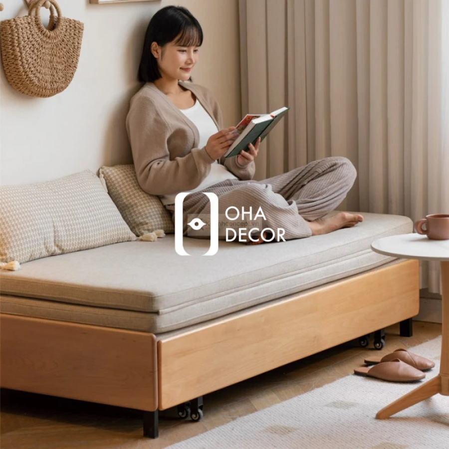 Mô tả: Sofa gỗ tự nhiên HCM với thiết kế hiện đại, tích hợp ngăn kéo tiện lợi. Sofa gỗ tự nhiên HCM
