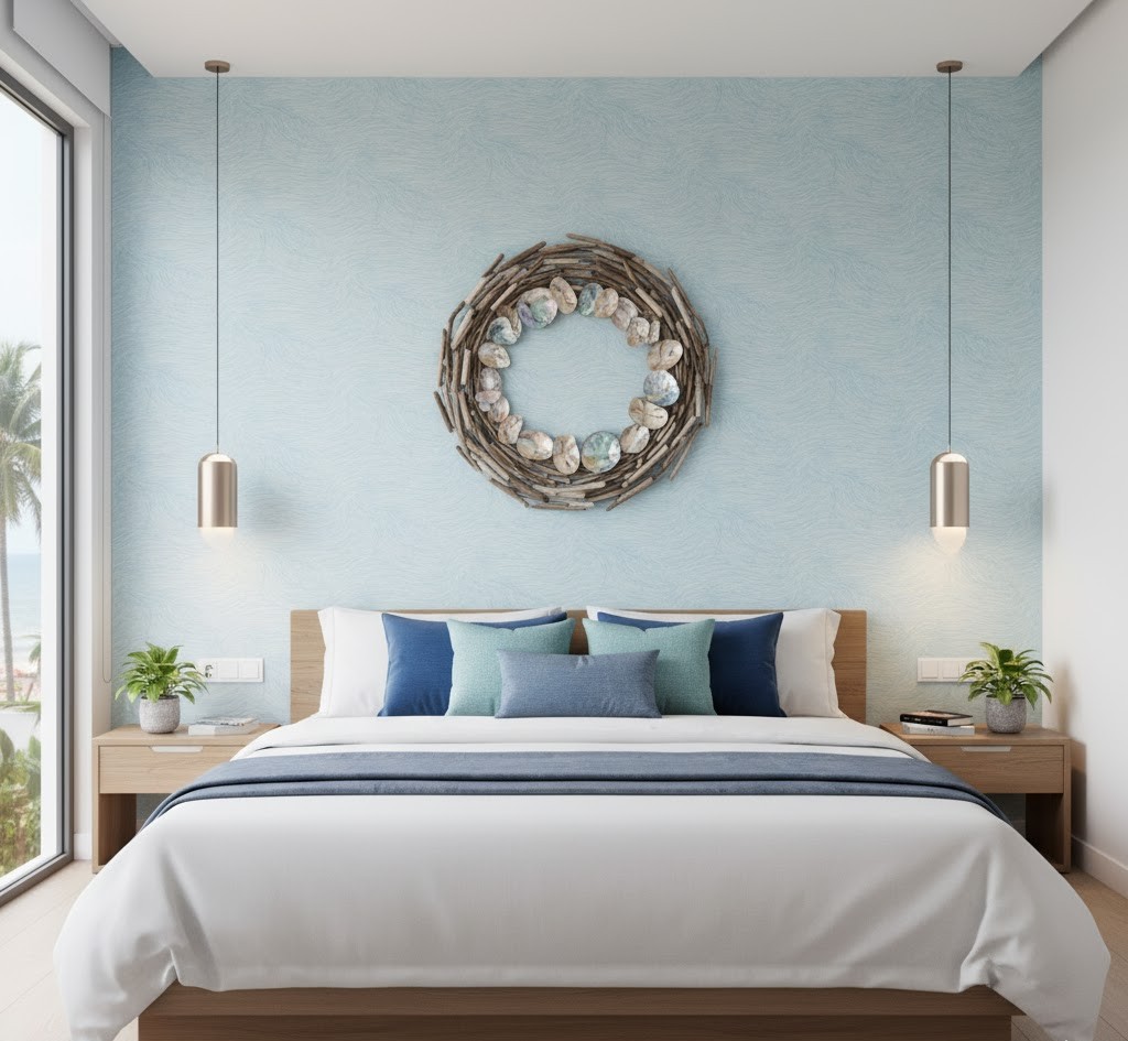 Giấy dán tường phòng ngủ màu xanh Quy Nhơn