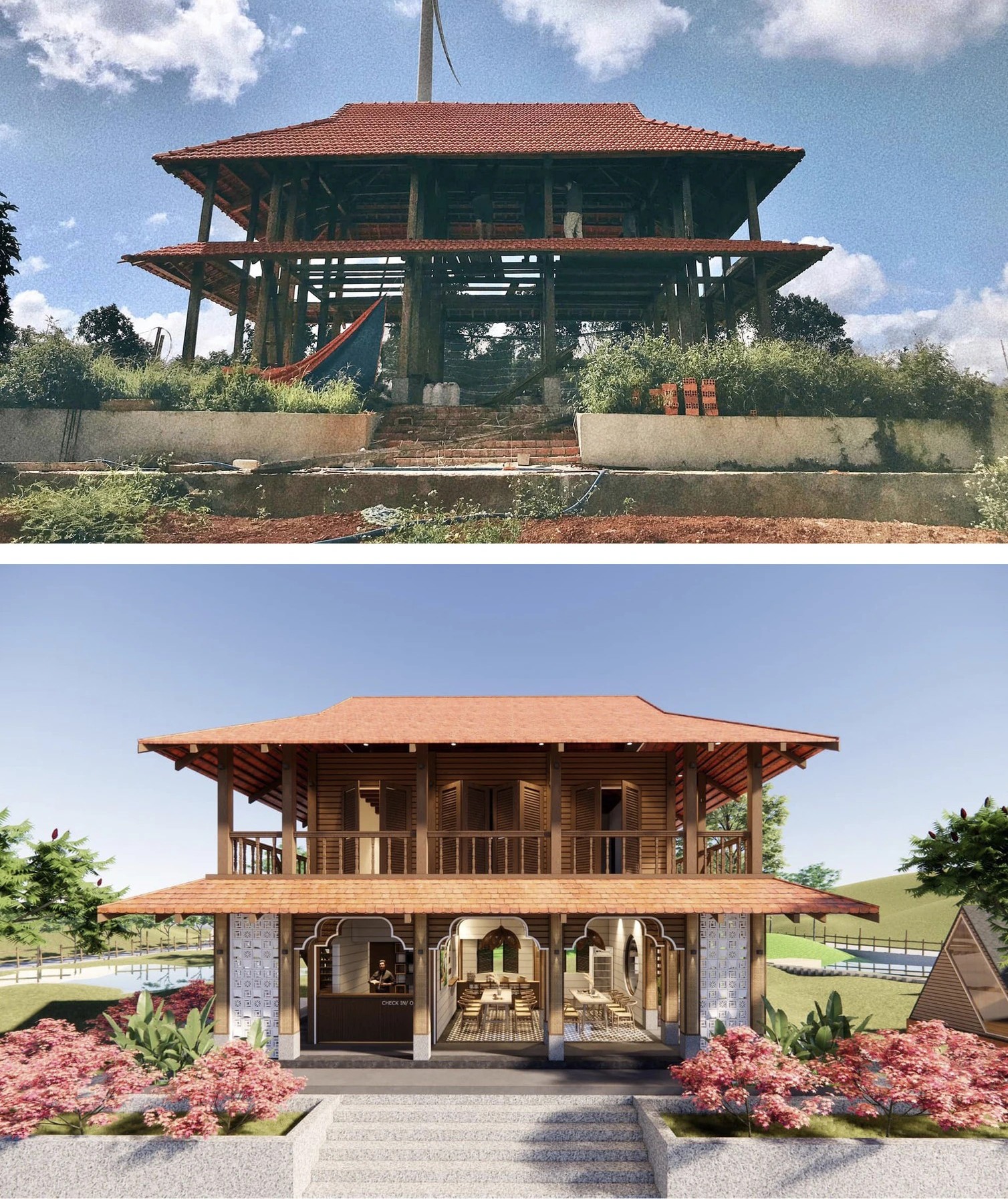 Mô tả: thi công homestay Hội An với nội thất gỗ mộc và góc check-in đẹp Thi Công Homestay Hội An 2025