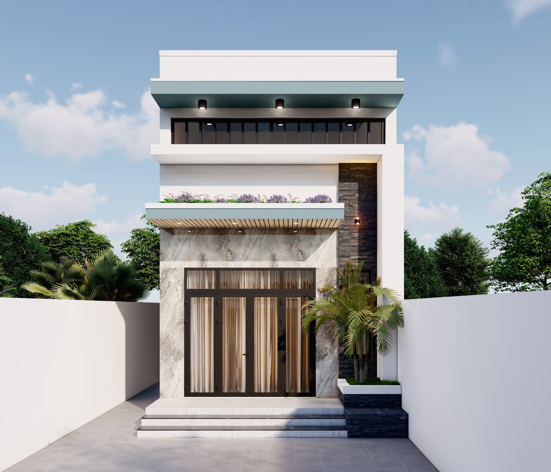 Mô tả: thi công nhà cấp 4 gác lửng Huế với mái thái xanh, tiểu cảnh sân vườn, cây xanh và cửa kính lớn lấy sáng tự nhiên Thi Công Nhà Cấp 4 Gác Lửng Huế 2025