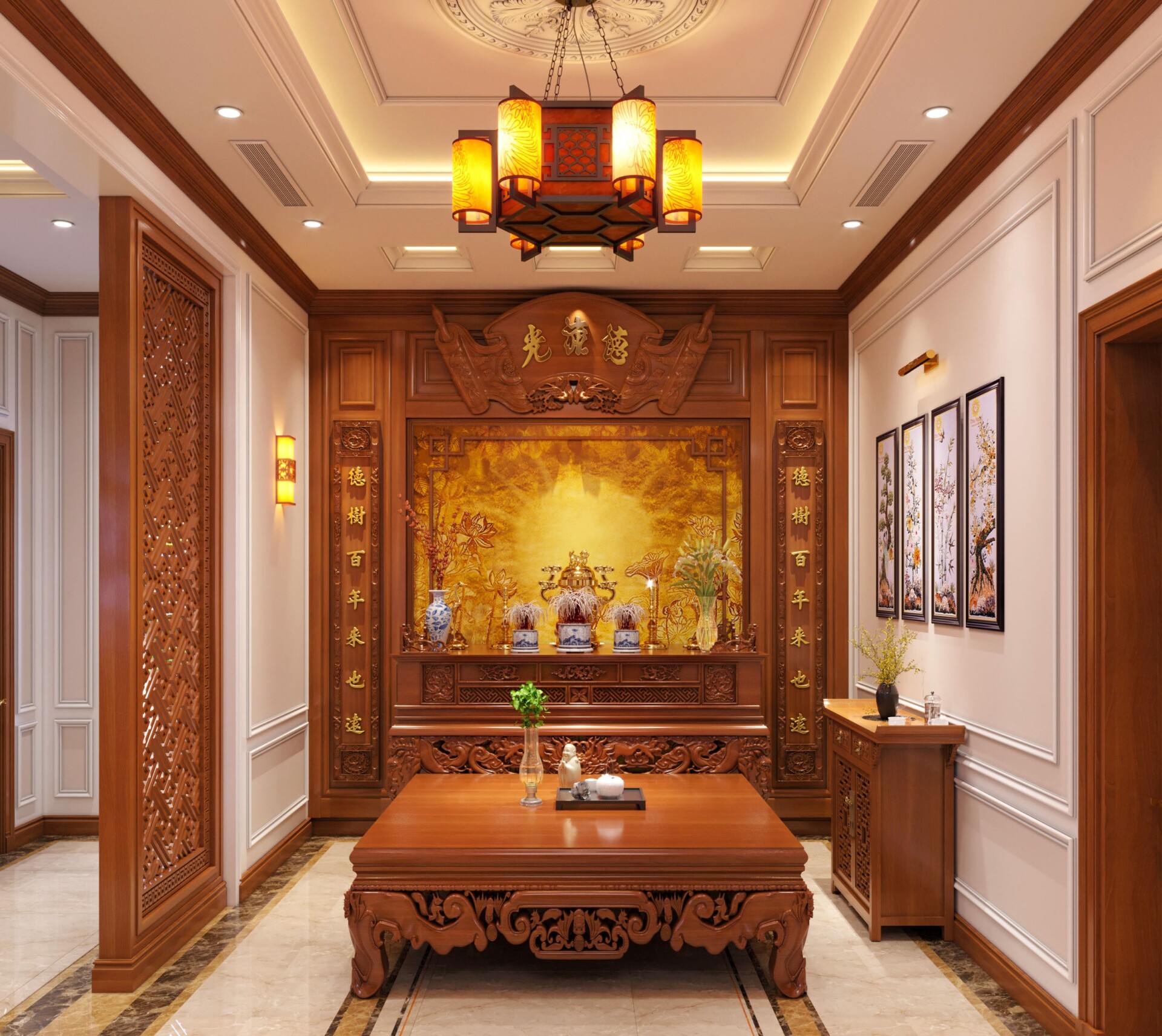 Mô tả: thi công nội thất phòng thờ Đà Nẵng với bàn thờ gỗ, ánh sáng dịu Thi Công Nội Thất Phòng Thờ Đà Nẵng 2025