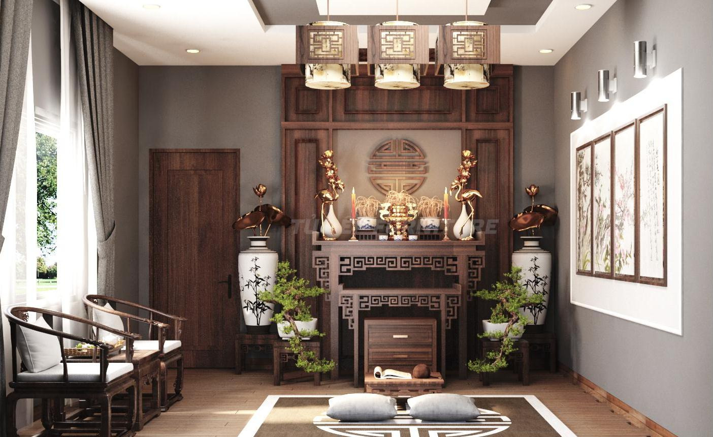 Mô tả: thi công nội thất phòng thờ Đà Nẵng với bàn thờ gỗ óc chó, họa tiết tinh xảo Thi Công Nội Thất Phòng Thờ Đà Nẵng 2025