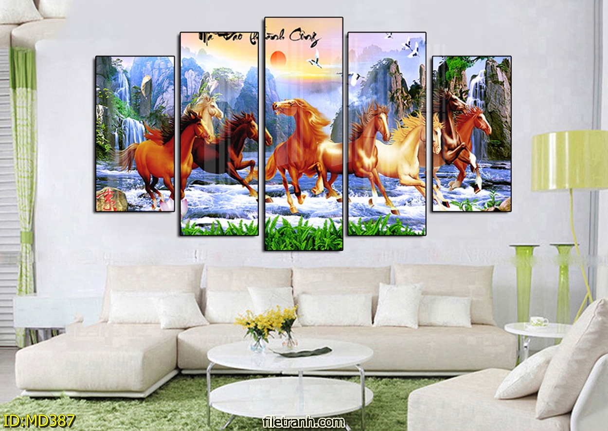 Tranh tết ngựa bát mã mặt gương treo phòng khách Huế
