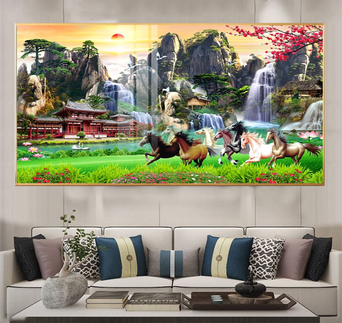 Tranh tết ngựa bát mã mặt gương treo phòng khách Huế