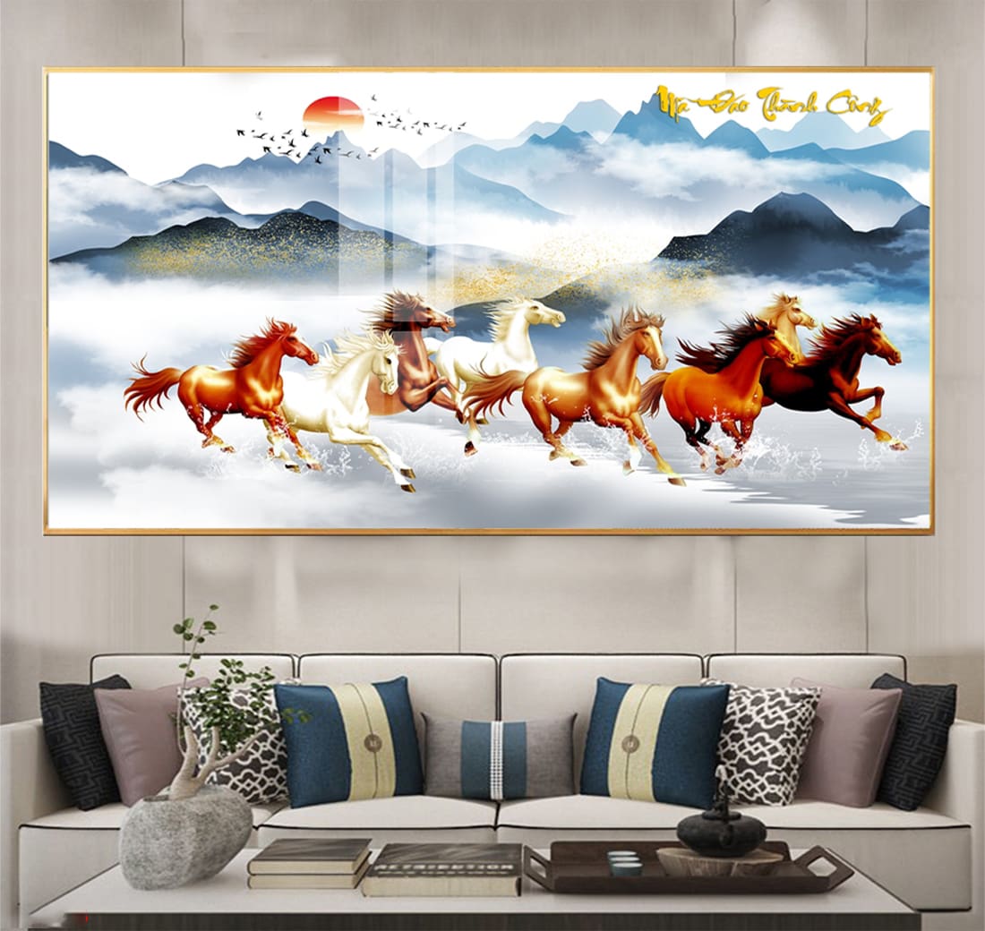 Tranh tết ngựa bát mã mặt gương treo phòng khách Huế