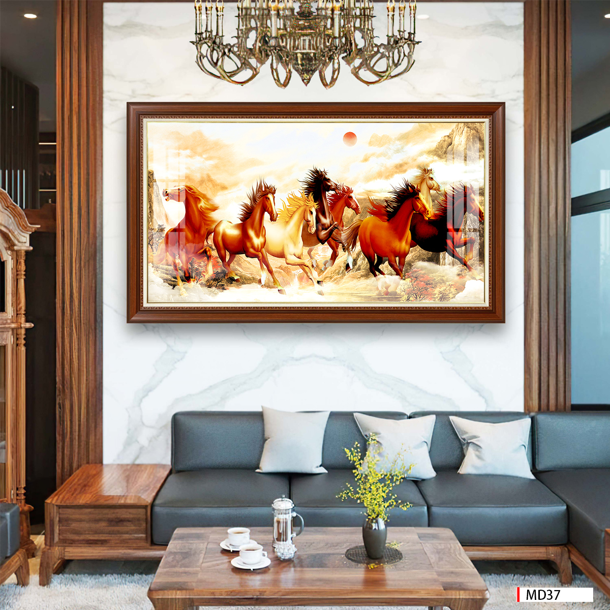Tranh tết ngựa bát mã mặt gương treo phòng khách Huế