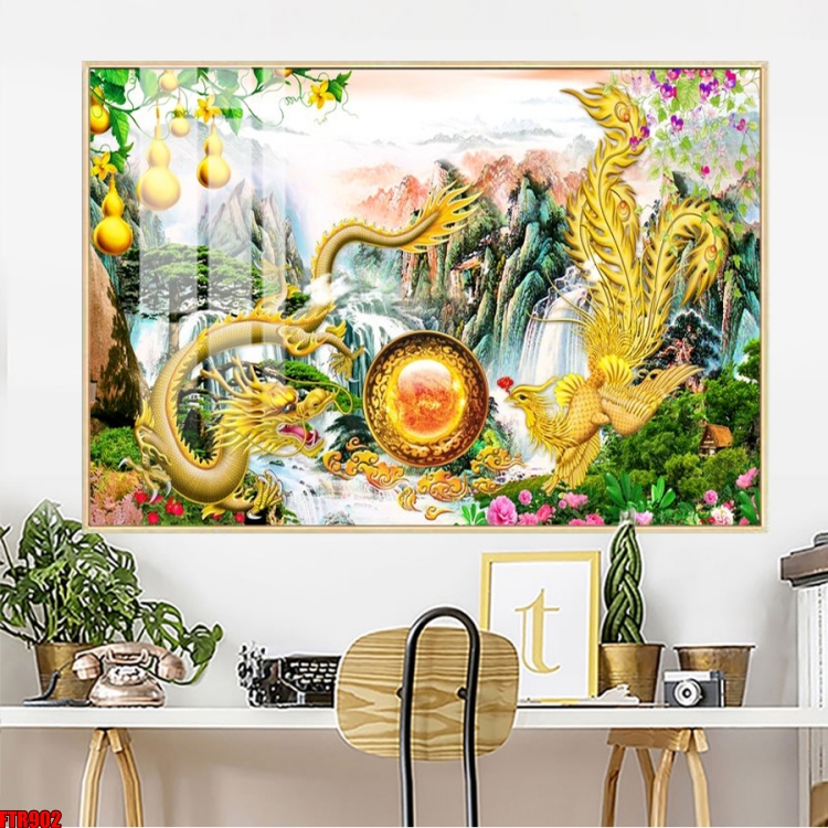 Tranh tráng gương rồng vàng treo phòng khách