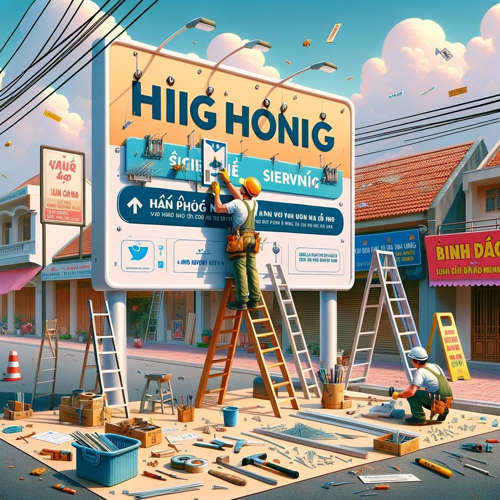 Nhân viên đang thi công bảng hiệu hộp đèn quán cafe Đà Nẵng