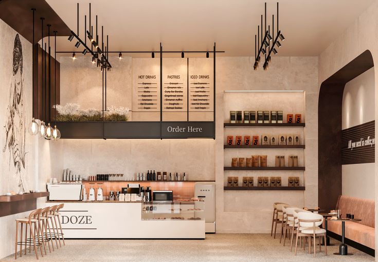 Khu vực quầy bar trung tâm trong thiết kế thi công cafe Quảng Bình, giúp phục vụ nhanh chóng và vận hành mượt mà