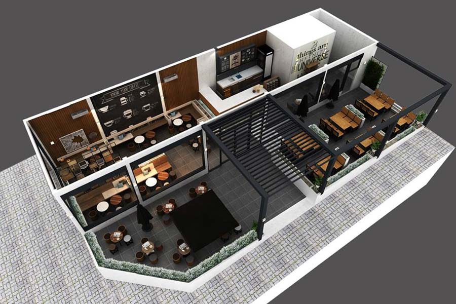 Bản vẽ phối cảnh 3D chi tiết cho dự án thiết kế thi công cafe Quảng Bình, hình dung không gian 99% trước thi công.