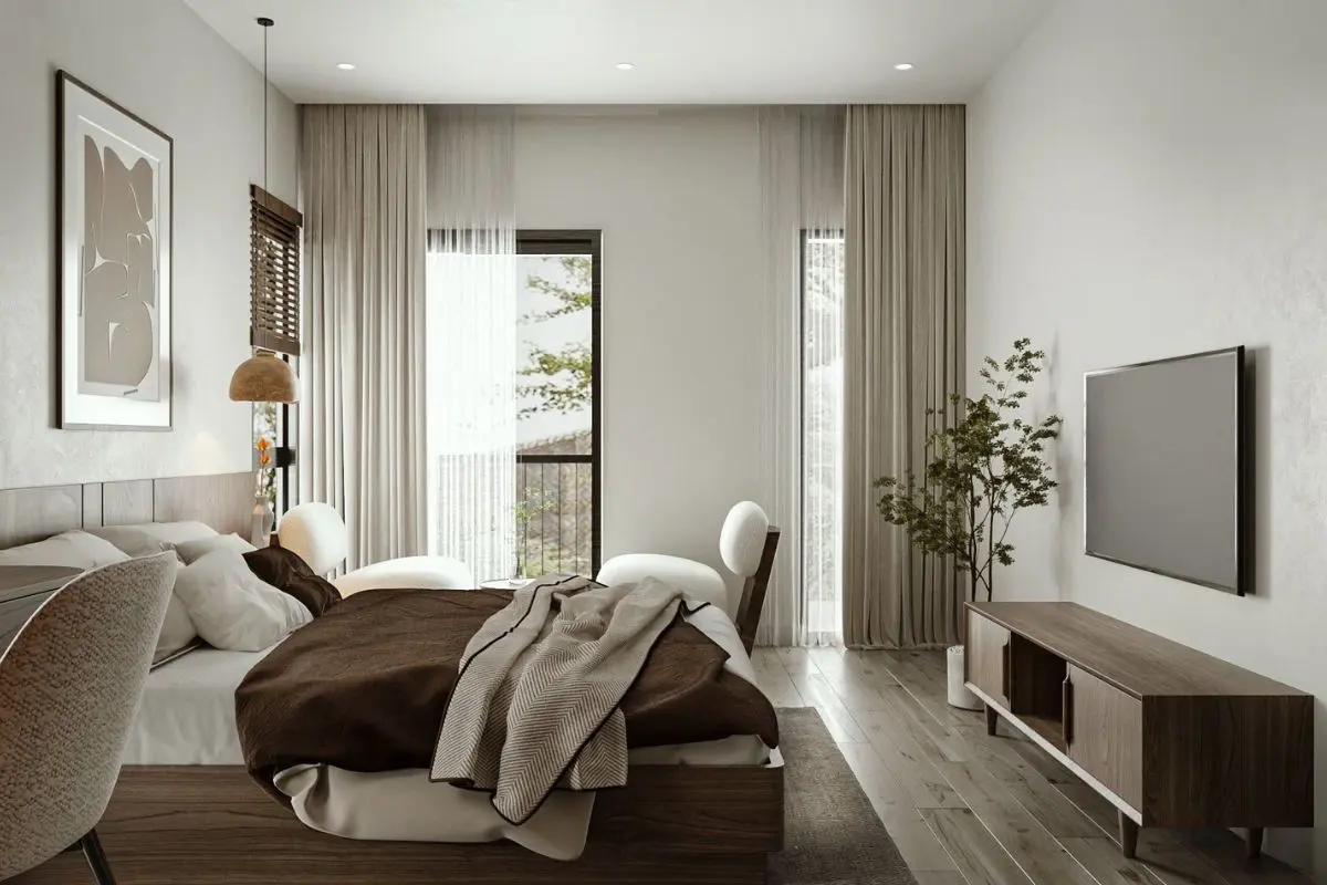 Phòng ngủ thư thái trong thiết kế thi công nội thất căn hộ Đà Nẵng với ánh sáng thông minh".