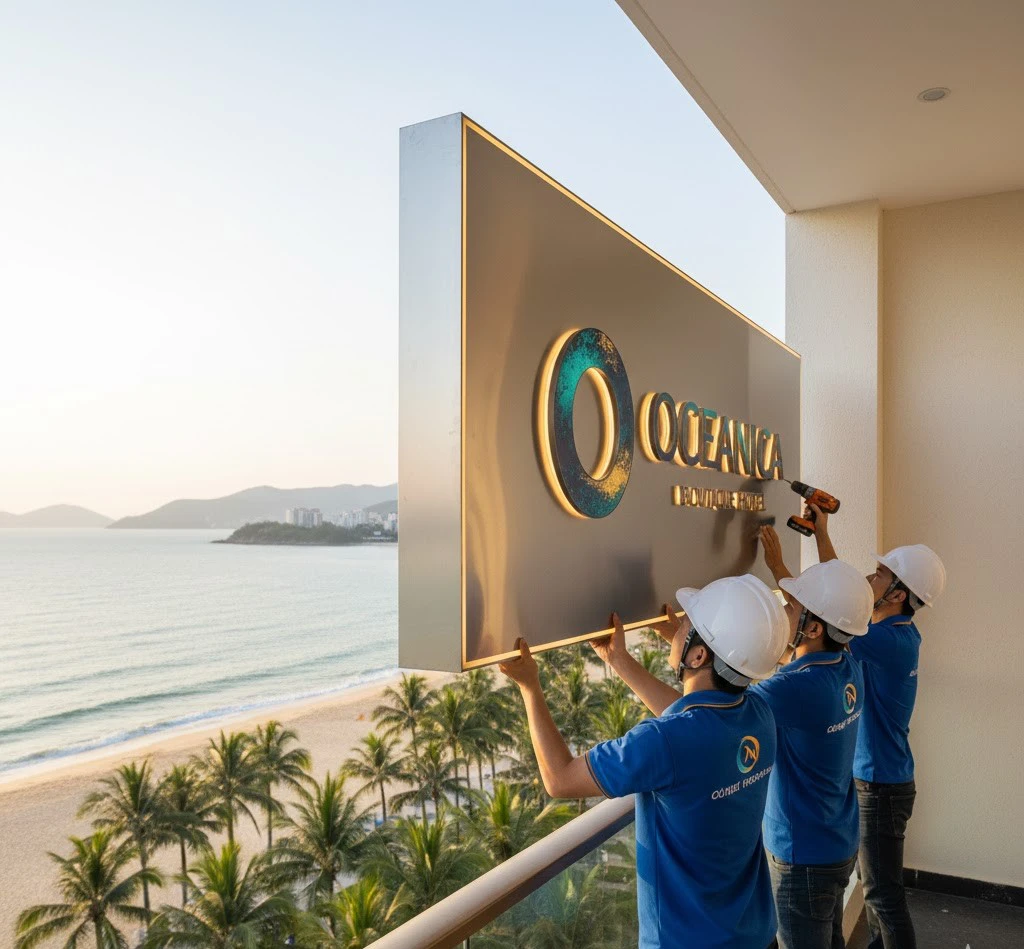 in UV inox bảng hiệu khách sạn Quy Nhơn