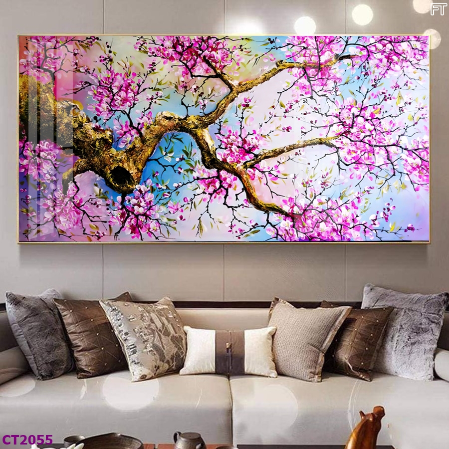 Tranh tết hoa đào phòng khách Hồ Chí Minh