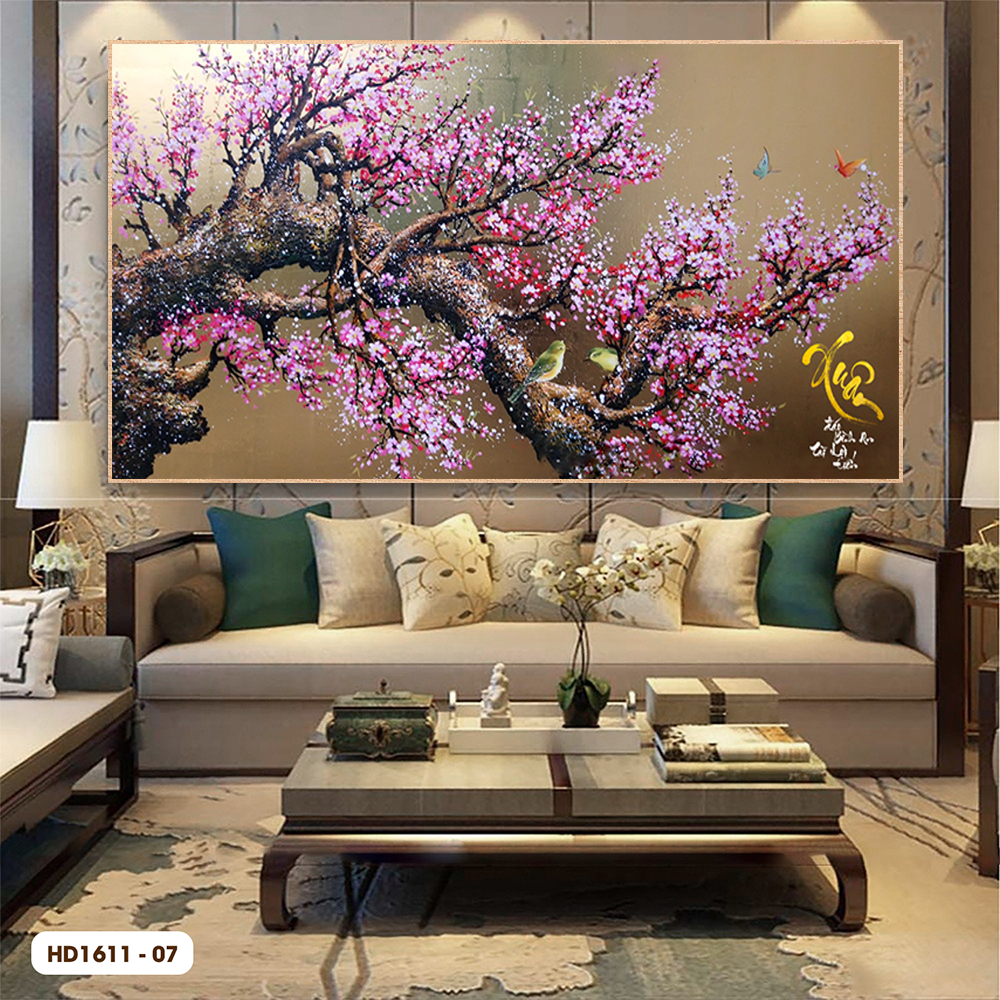 Tranh tết hoa đào phòng khách Hồ Chí Minh – Xu hướng decor Tết 2026 sang trọng, hiện đại 2 Tranh tết hoa đào phòng khách Hồ Chí Minh