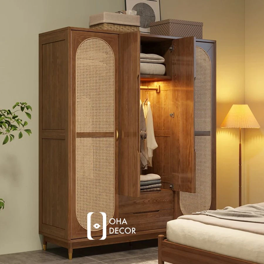 Tủ Quần Áo Cánh Mây Khung Gỗ Tự Nhiên