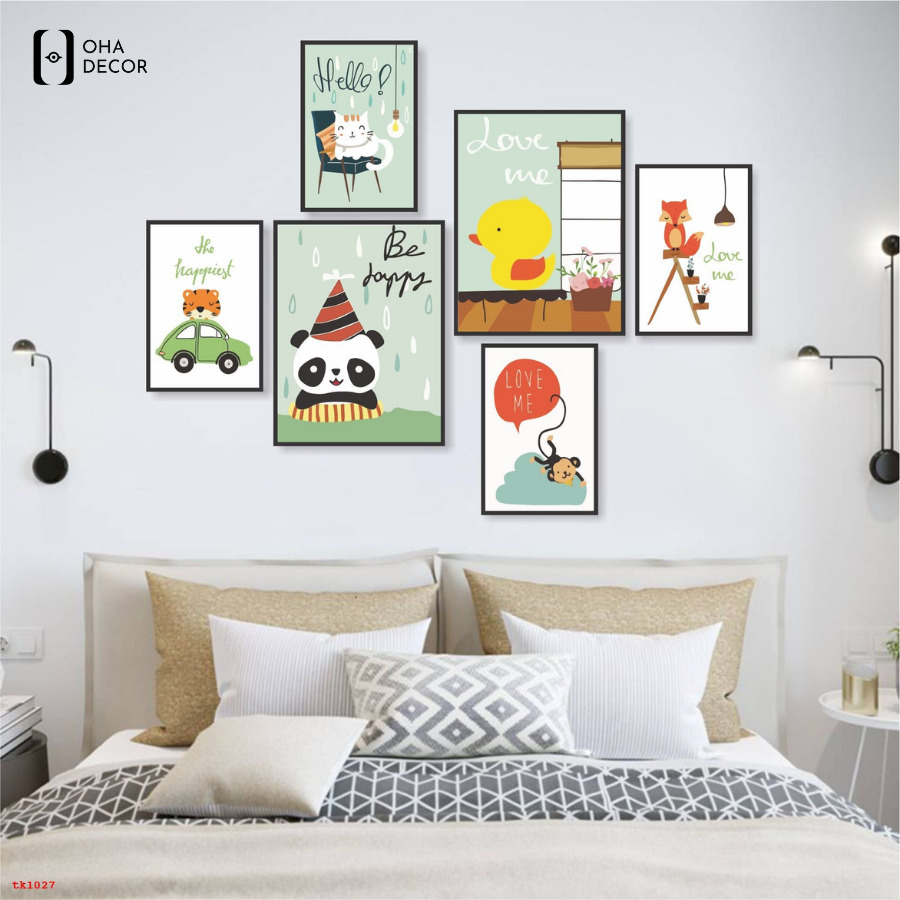 Phối bộ 6 tranh canvas decor phòng ngủ An Giang với nội thất