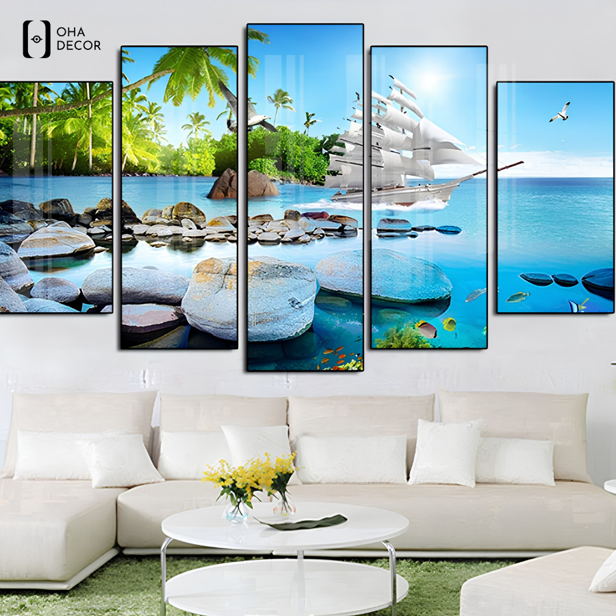Tranh tráng gương bộ 5 tấm biển phòng khách An Giang được nhiều gia đình yêu thích