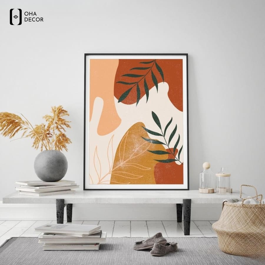 Đặt Tranh đơn BOHO Tối Giản Minimalism Lá Cây Lào Cai trên kệ tủ tạo góc nhìn đầy ngẫu hứng và phóng khoáng