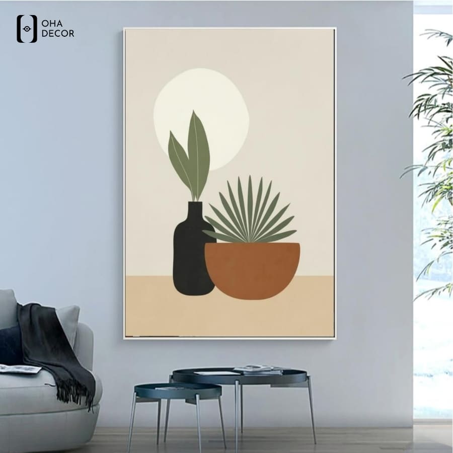 Tranh đơn BOHO Tối Giản Minimalism Lá Cây Lào Cai họa tiết bình gốm và nhành lá nghệ thuật tinh tế