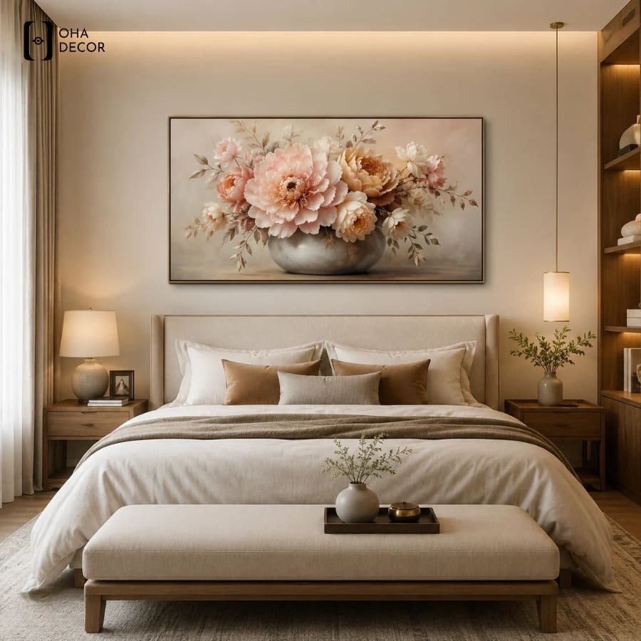 Treo tranh đơn nghệ thuật cho phòng ngủ tráng gương vĩnh phúc đầu giường giúp cân bằng sinh khí