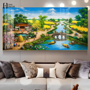 Tranh đồng quê tráng gương phòng khách Long An sang trọng