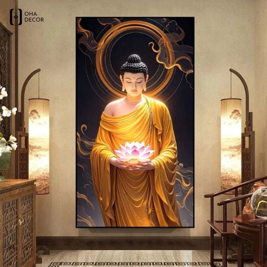 Mẫu tranh mặt kính Phật cổ cho phòng thờ Hà Nam khắc họa hình tượng Đức Phật Thích Ca trang nghiêm