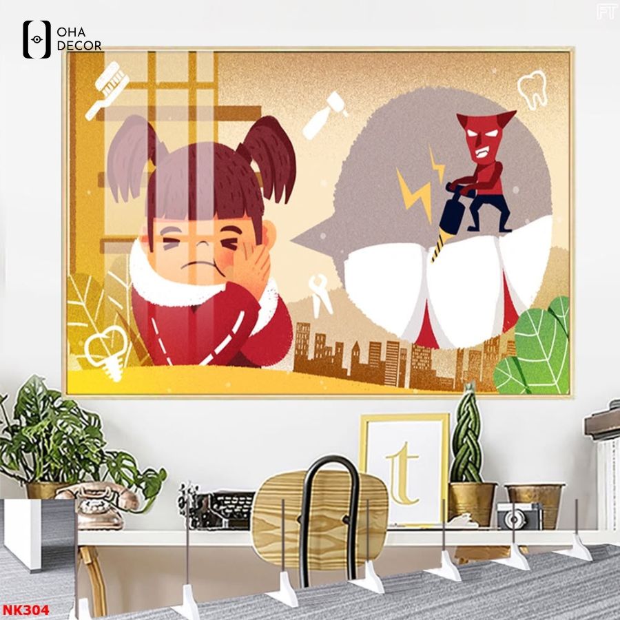Tranh nha khoa dễ thương Tuyên Quang cho phòng khám đẹp 2026 4 Tranh nha khoa dễ thương Tuyên Quang chủ đề siêu nhân chiến đấu với quái vật sâu răng bảo vệ nụ cười
