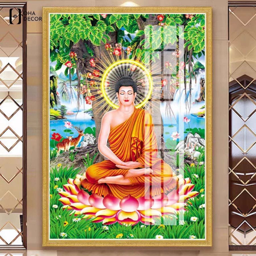 Mẫu tranh phật cổ xưa tráng gương phòng thờ Đức Phật Thích Ca tọa thiền dưới cội bồ đề