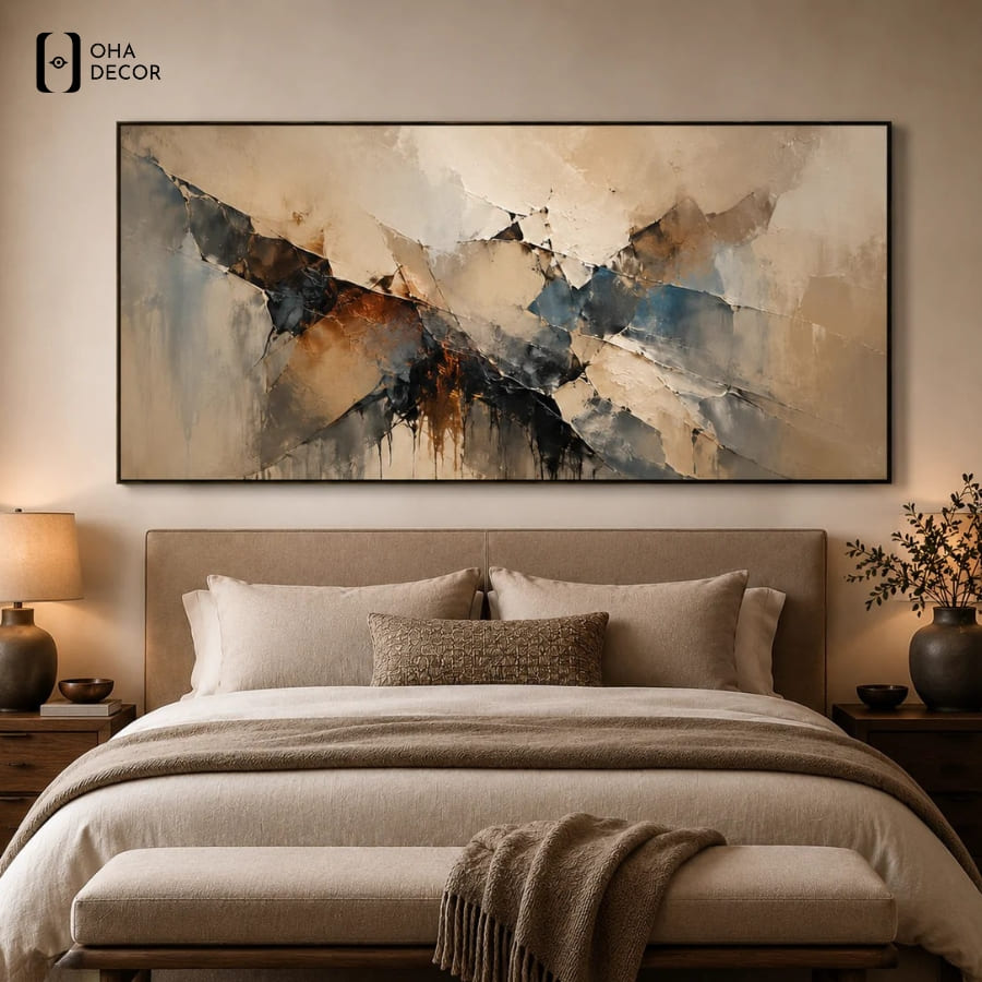 6 Bí Quyết Chọn Tranh Trừu Tượng Thích Hợp Trang Trí Phòng Ngủ Long An Vỗ Về Giấc Ngủ 4 Treo bức Tranh Trừu Tượng Thích Hợp Trang Trí Phòng Ngủ Long An ở vách đầu giường giúp cân bằng dòng chảy không gian chuẩn kiến trúc