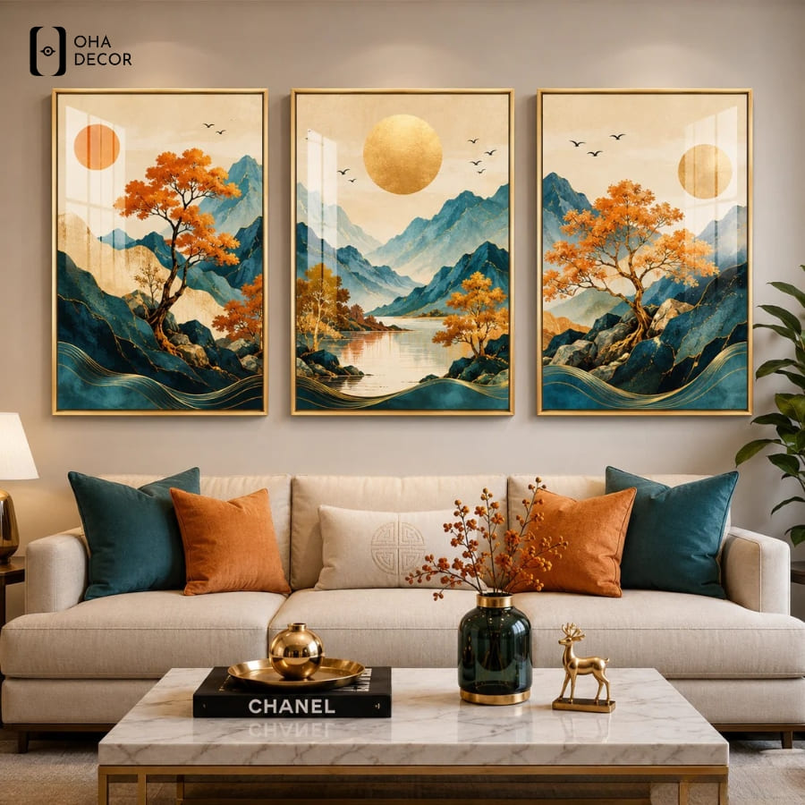 Tuyệt chiêu biến hóa không gian bằng tranh bộ 3 tấm phòng khách Vĩnh Long 3 Tranh bộ 3 tấm phòng khách vĩnh long chủ đề sơn thủy mang lại sự bình yên cho tâm hồn