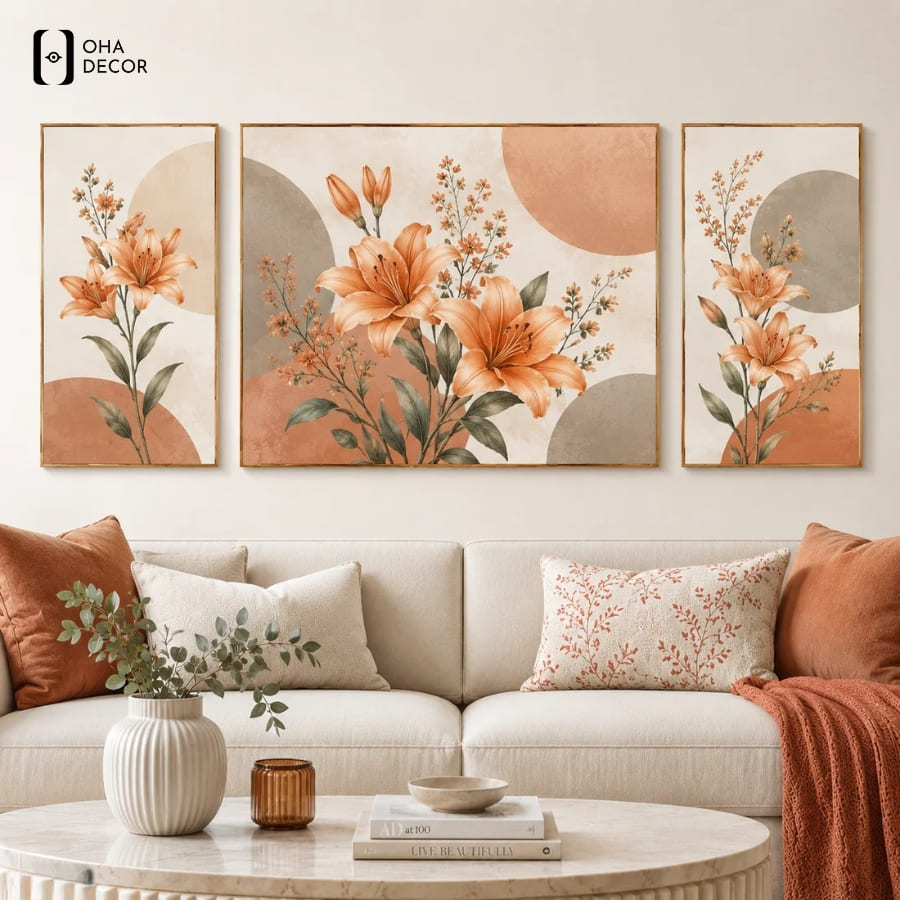 Tuyệt chiêu biến hóa không gian bằng tranh bộ 3 tấm phòng khách Vĩnh Long 2 Dễ dàng phối tranh bộ 3 tấm phòng khách vĩnh long cùng đồ nội thất nhờ thiết kế linh hoạt