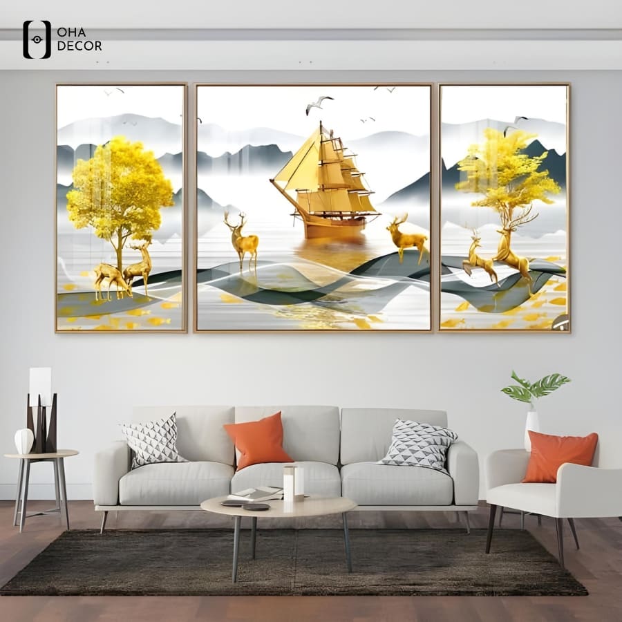 Tuyệt chiêu biến hóa không gian bằng tranh bộ 3 tấm phòng khách Vĩnh Long 6 Tranh bộ 3 tấm phòng khách vĩnh long cao cấp từ oha decor chống ẩm mốc và kháng nước