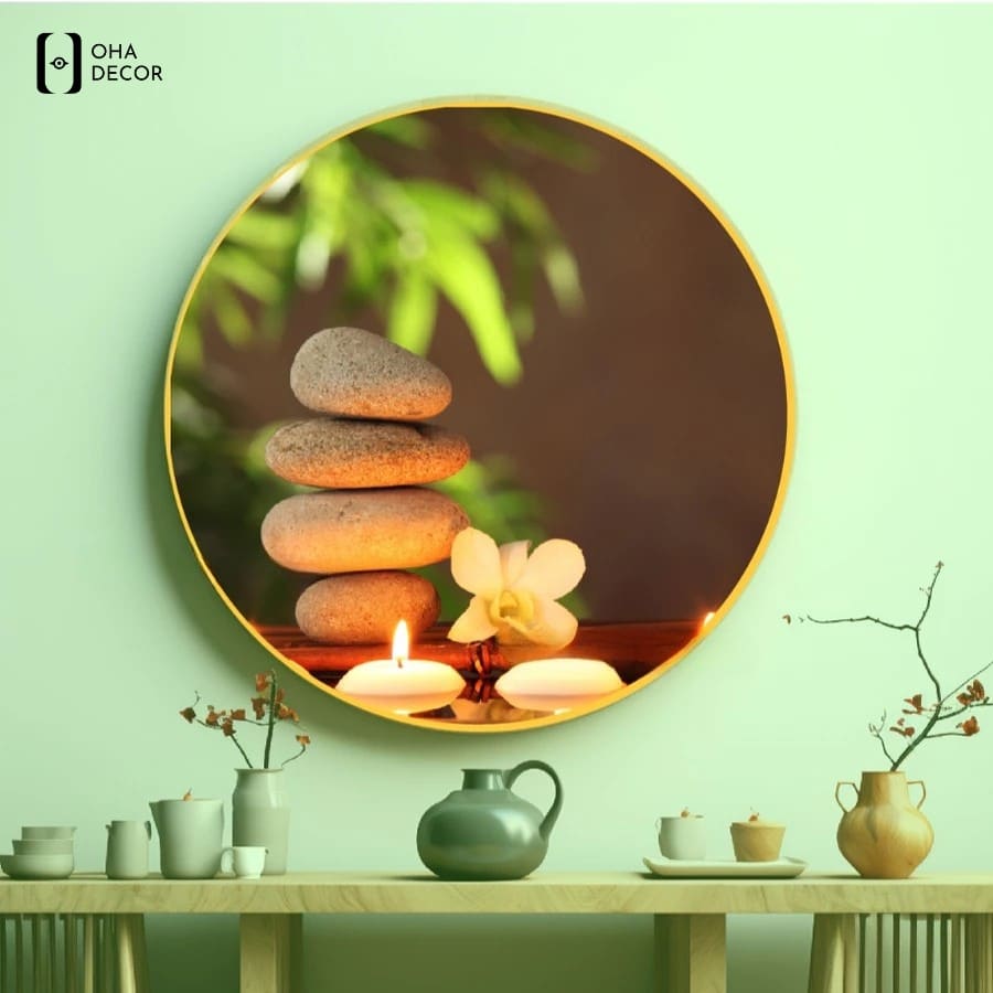 Ứng dụng tranh decor spa Thuận An định vị phân khúc khách hàng 2026 1 Không gian thêm phần thanh tịnh và mộc mạc với mẫu tranh decor spa thuận an hình sỏi nến