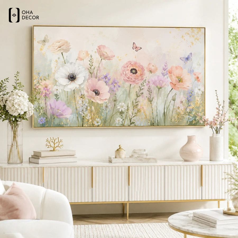 Gợi ý phối màu 3 mảng không gian với tranh hoa nhẹ nhàng Vĩnh Long 5 Phối màu tường trắng giúp mẫu tranh hoa nhẹ nhàng vĩnh long thêm rực rỡ và nổi bật